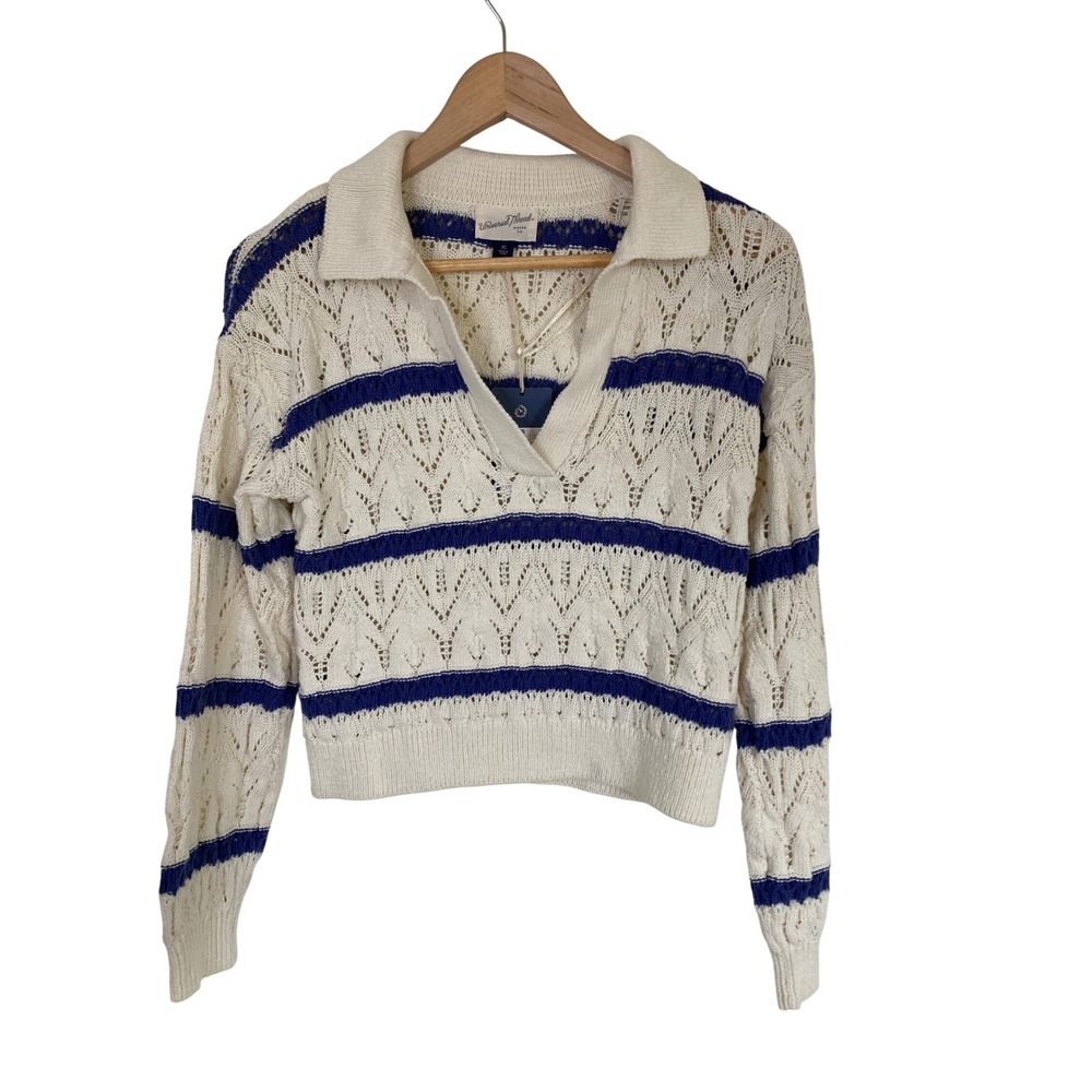 Universal Thread Cream Blue Striped Pointelle Knit Polo V-Neck Sweater XS NEW